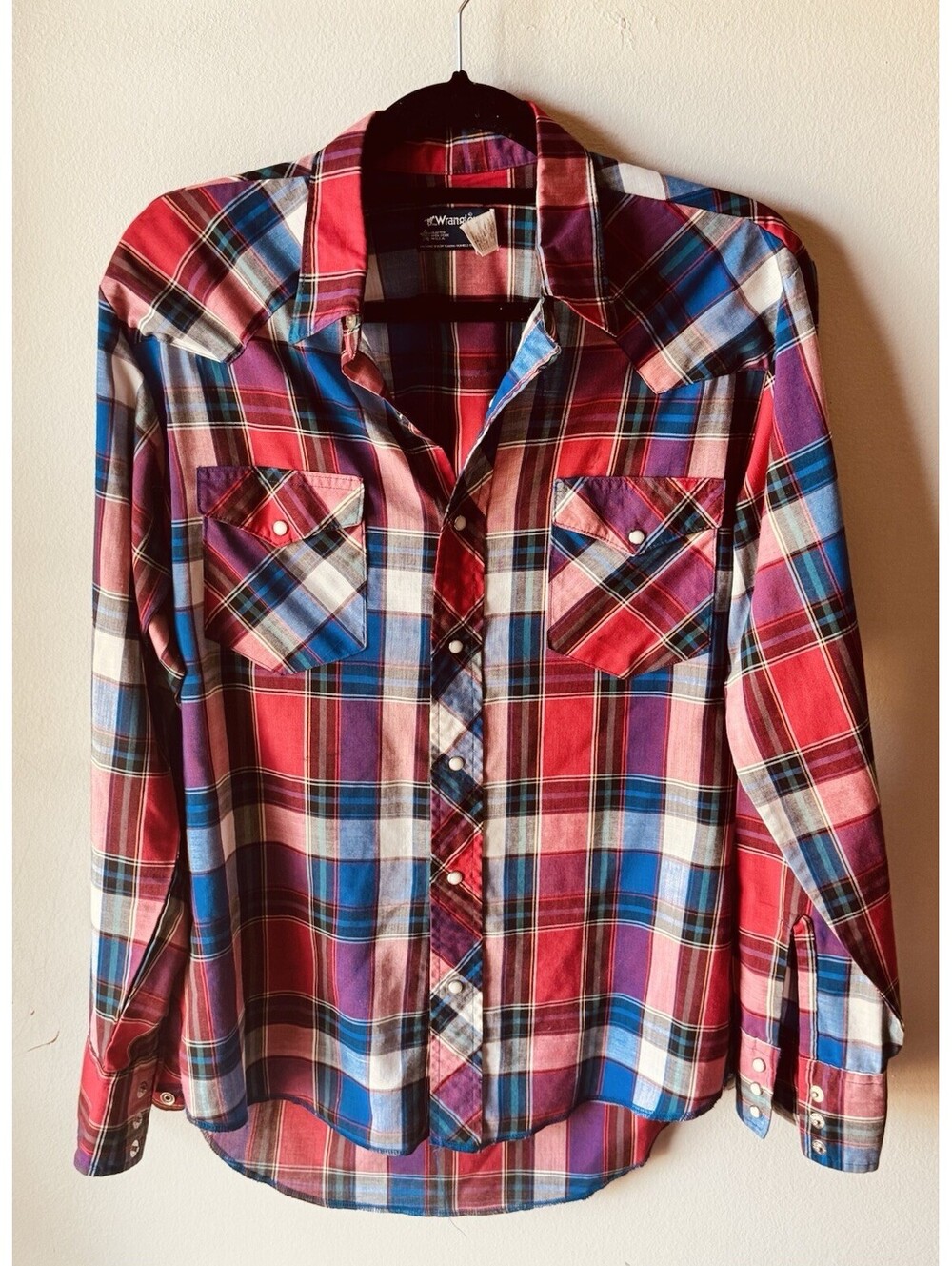 Vintage 80s Wrangler Pearl Snap Western Shirt Plaid Multi Made In USA Mens Sz M